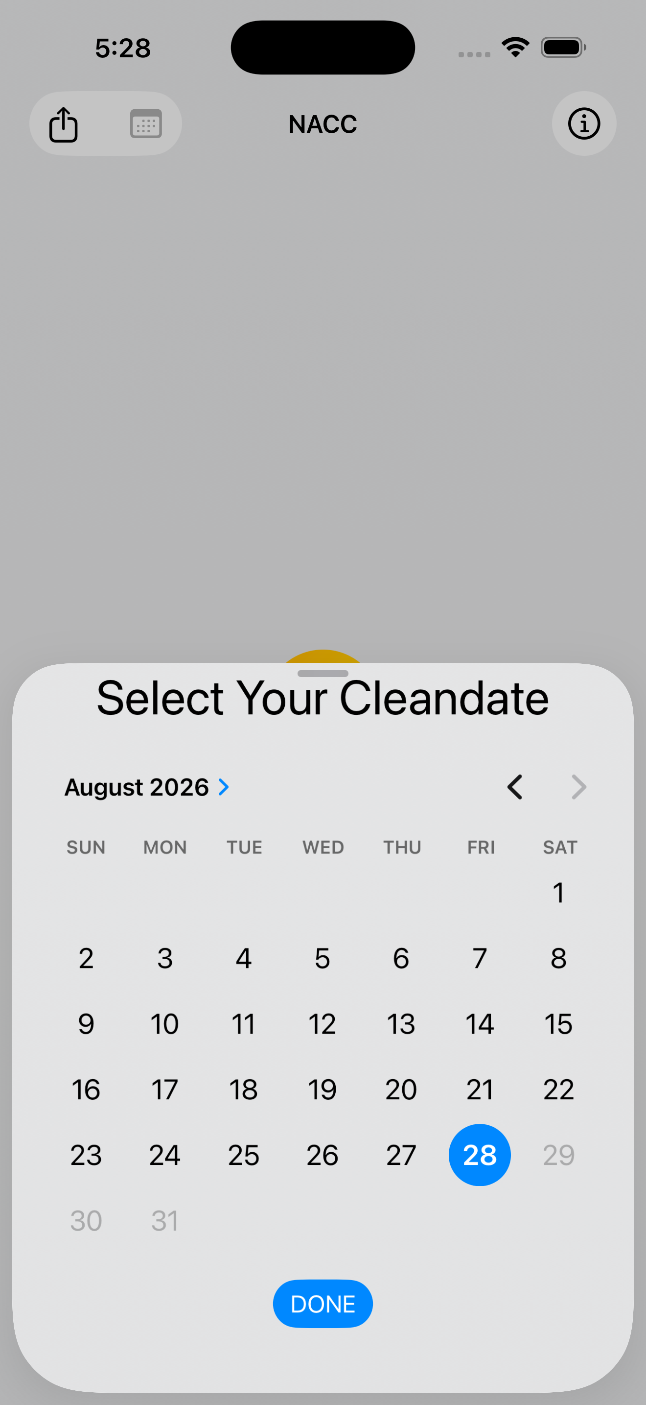 NACC cleandate picker on iPhone